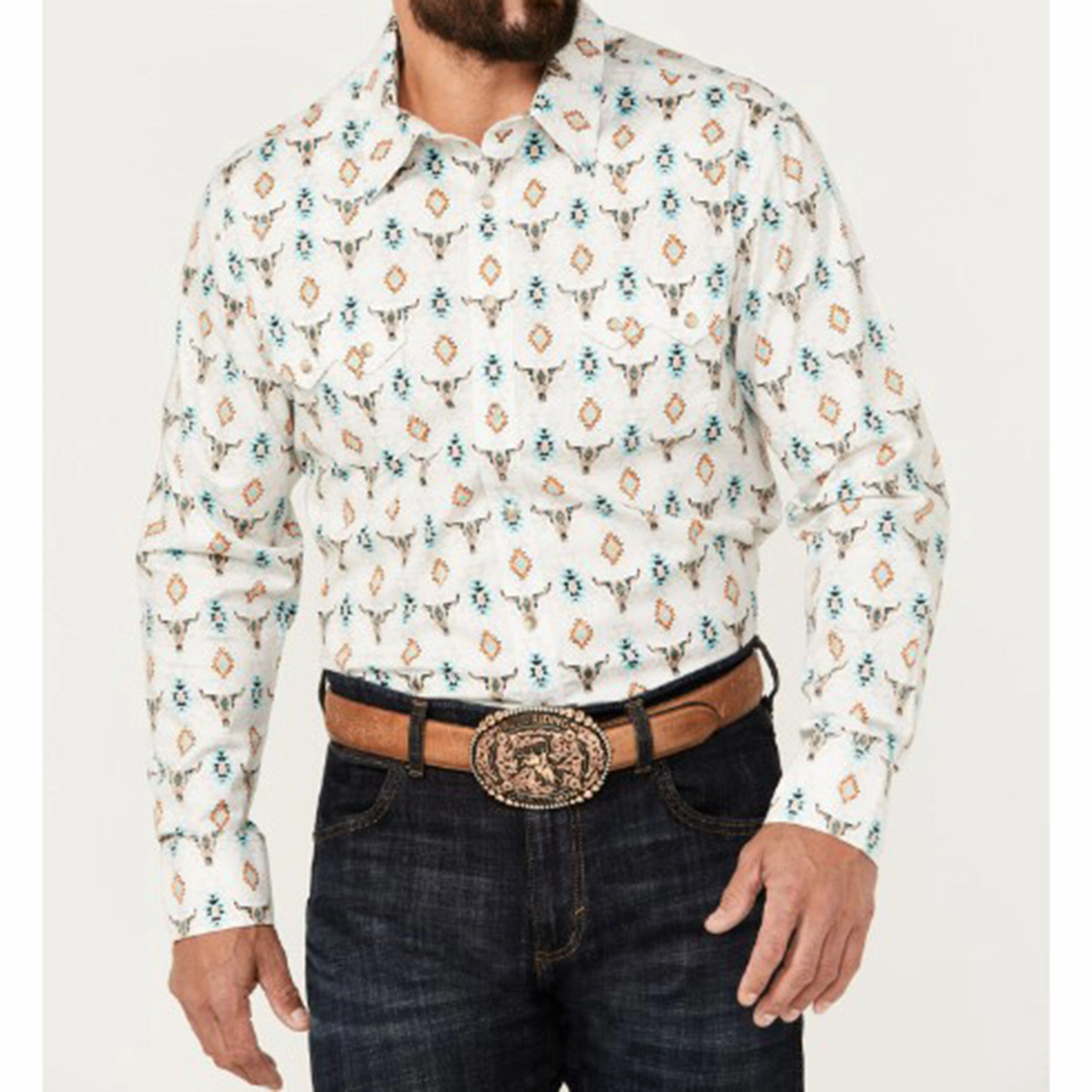 Beach Attire Rock & Roll Men's Cream Skull & Aztec Shirt