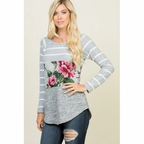 A. Gain Women's Grey Stripe Floral Long Sleeve Tee WeightedHem