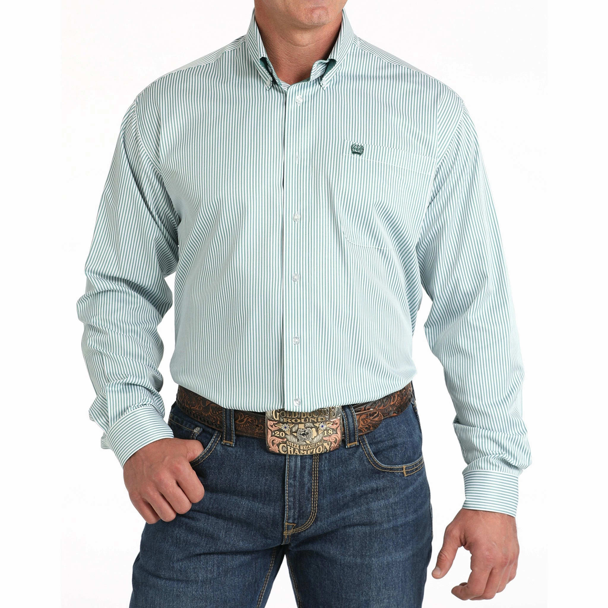 Cinch Men's Green Stripe Shirt Resort Wear Flexible Mobility