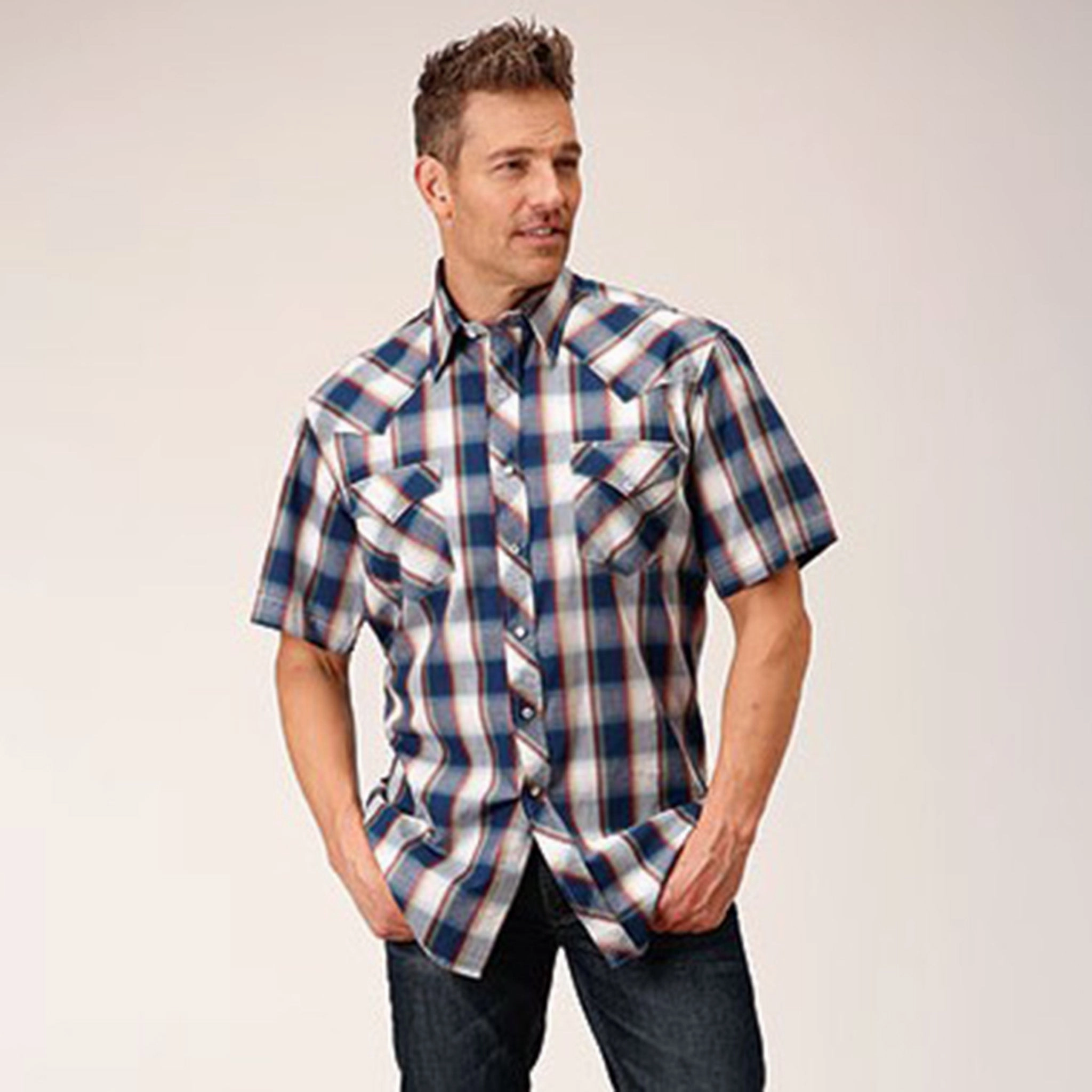 Plus Size Double Stitched Seams Roper Men's Plaid Shirt