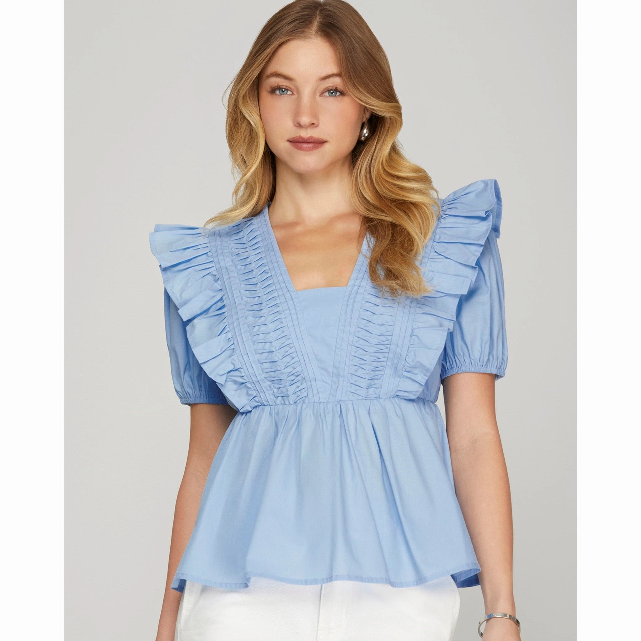 FoamReinforcedCollar Light Blue Pintuck Yoke Ruffle Sleeve Top