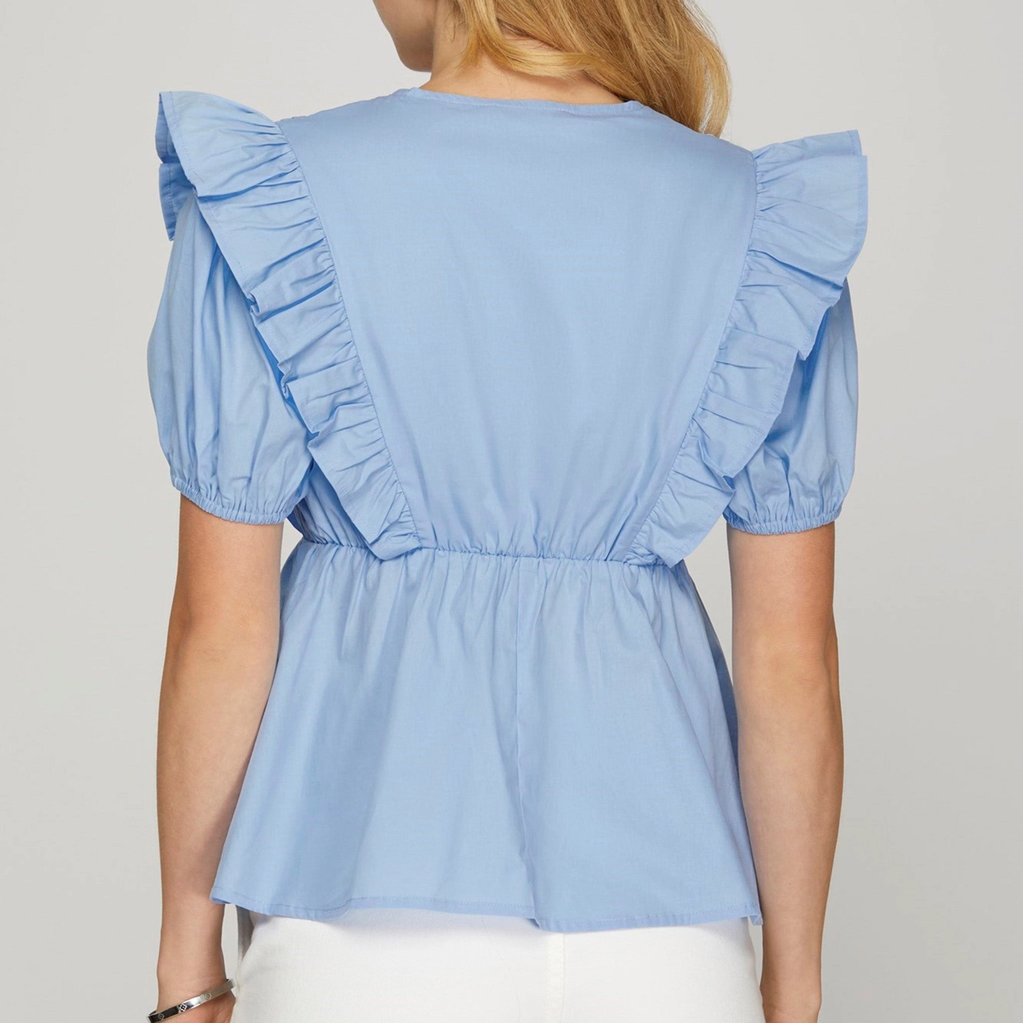 Bonded Seam Durability Light Blue Pintuck Yoke Ruffle Sleeve Top