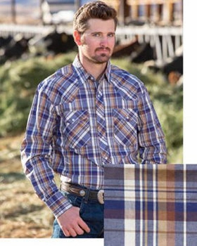 Wyoming Men's Blue and Tan Plaid Long Sleeve Shirt Minimalist Style Bold Print