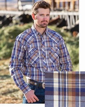 Wyoming Men's Blue and Tan Plaid Long Sleeve Shirt Minimalist Style Bold Print