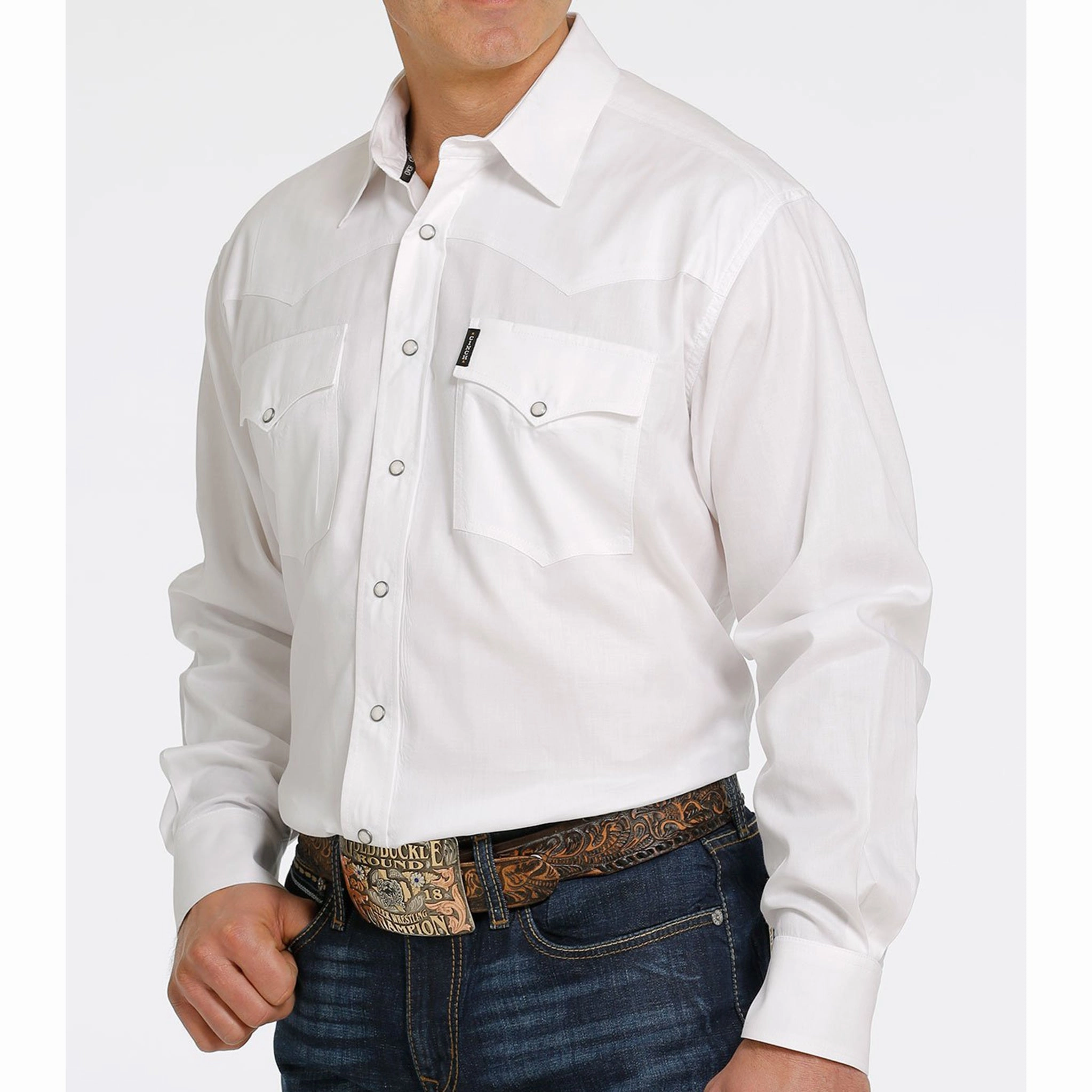 Functional Pocket Eco-Friendly Choice Cinch Men's White Herringbone Pearl Snap Shirt