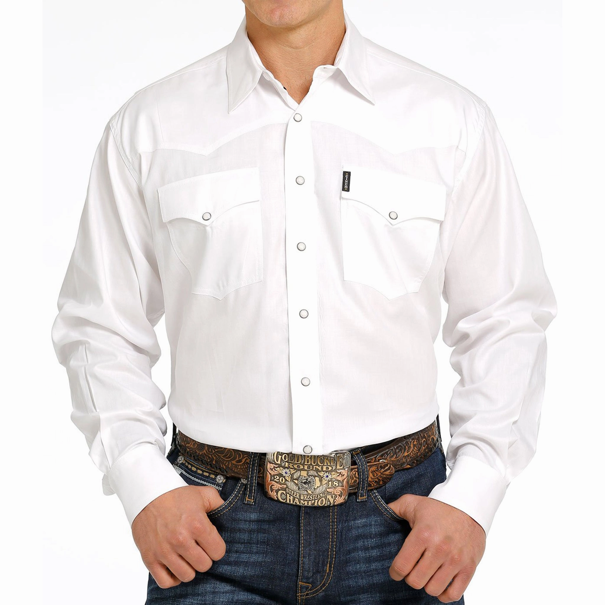 Cinch Men's White Herringbone Pearl Snap Shirt Workwear Approved Relaxed Wear