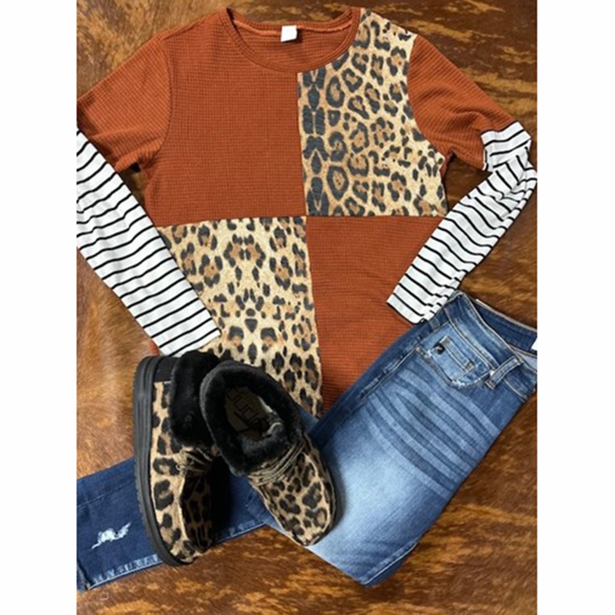 Your Fashion Women's Rust & Leopard Block Long Sleeve Top AntiFade Treatment