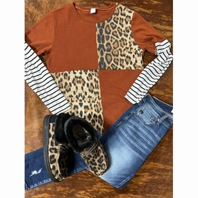 Your Fashion Women's Rust & Leopard Block Long Sleeve Top Soft Touch Blend