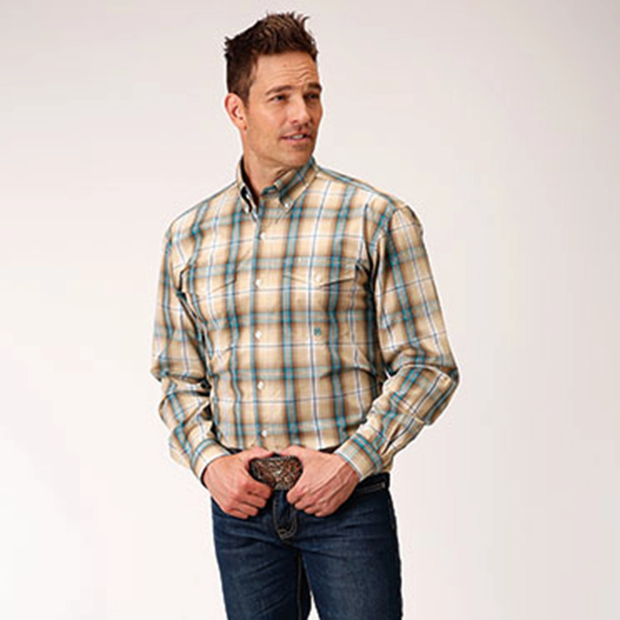 Slim Silhouette Roper Men's Khaki Blue & Tan Plaid Long Sleeve Shirt