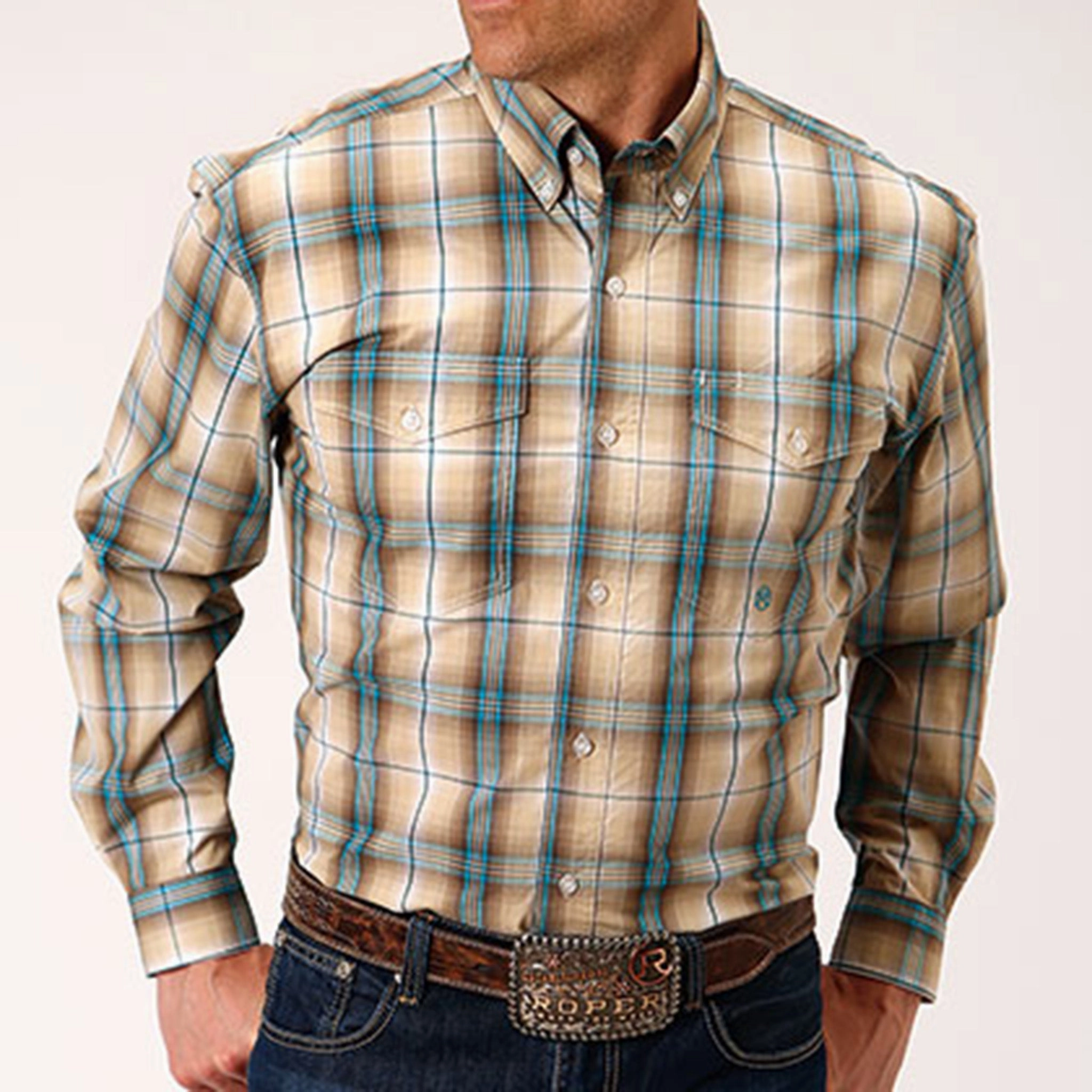 Roper Men's Khaki Blue & Tan Plaid Long Sleeve Shirt Easy Styling