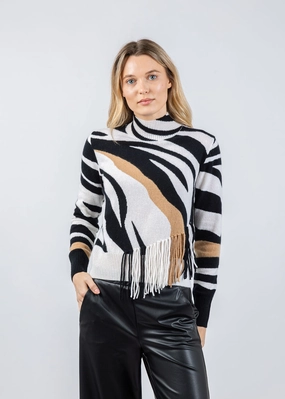 Perfect Knit Zebra Fringe Mock Neck Sweater - Organic White/Black