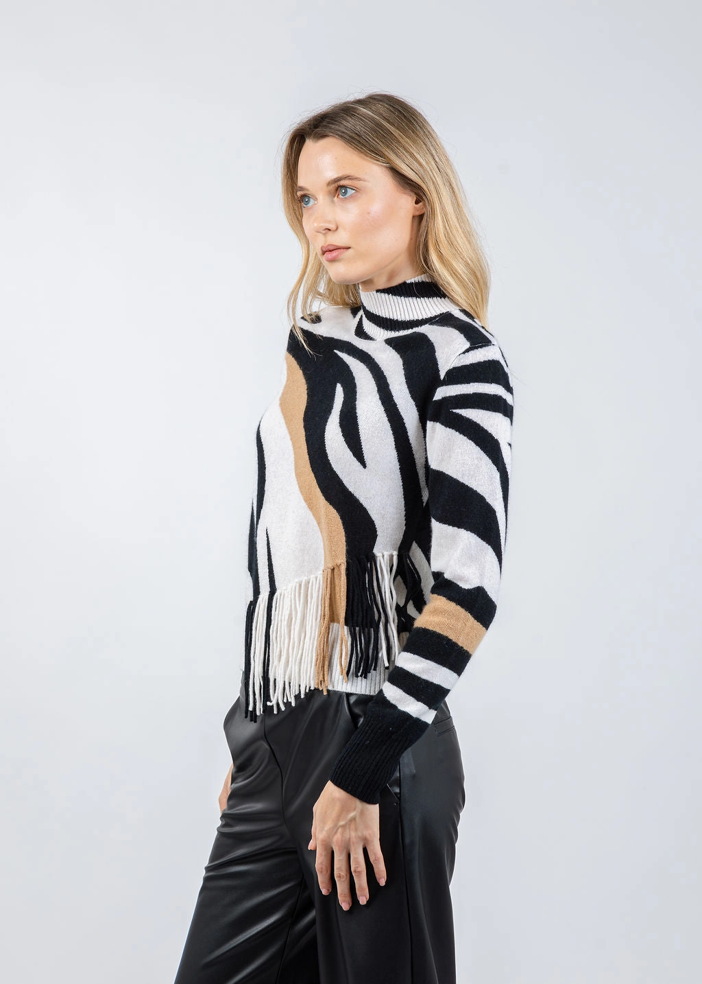 Breathable Stretch Fit Zebra Fringe Mock Neck Sweater - Organic White/Black