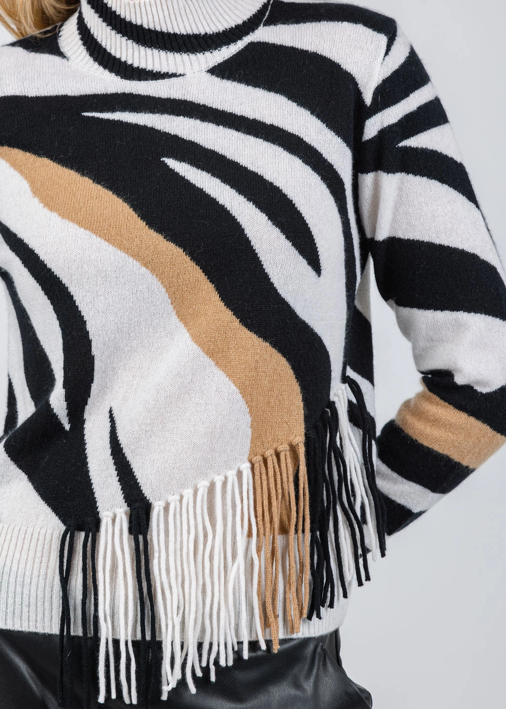 Zebra Fringe Mock Neck Sweater - Organic White/Black Quick Dry Fit