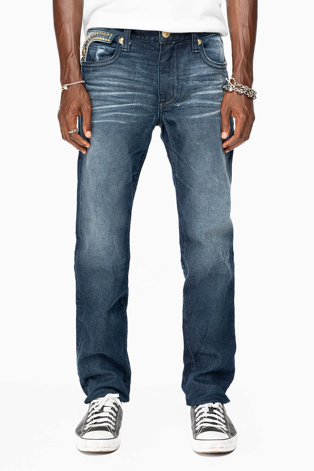 KILLER FLAP MENS SKINNY JEAN IN  OMAHA DARK WASH EMBELLISHED WITH AURUM & AQUA MARINE CRYSTALS school outfit