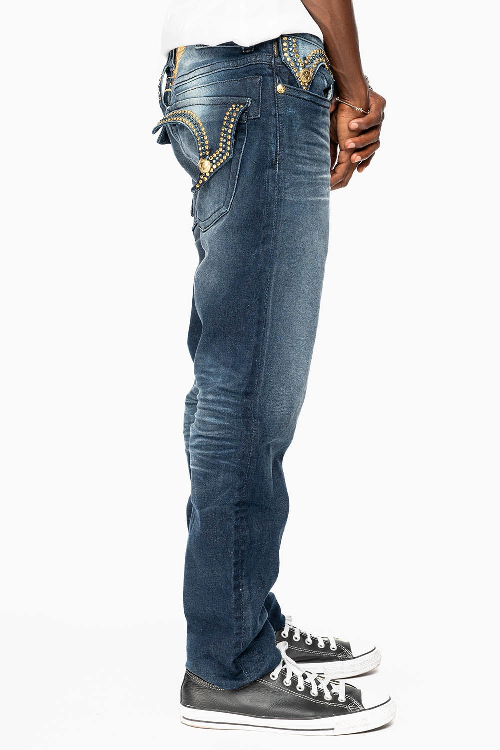 KILLER FLAP MENS SKINNY JEAN IN  OMAHA DARK WASH EMBELLISHED WITH AURUM & AQUA MARINE CRYSTALS Anti Static Material Blend