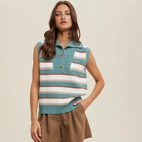 Women's Teal & White Stripe Sweater Vest Daily Essential Trendy Feel