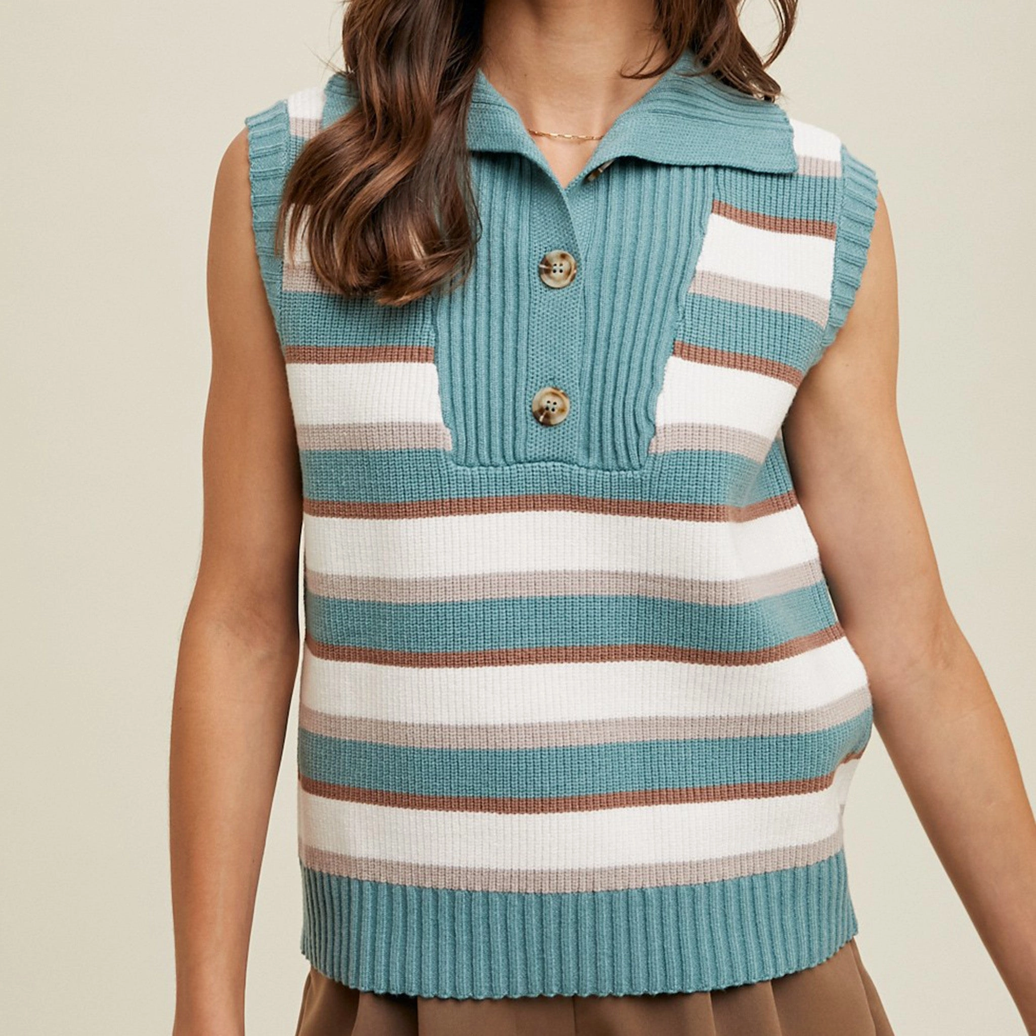 Women's Teal & White Stripe Sweater Vest Durable Outer Layer