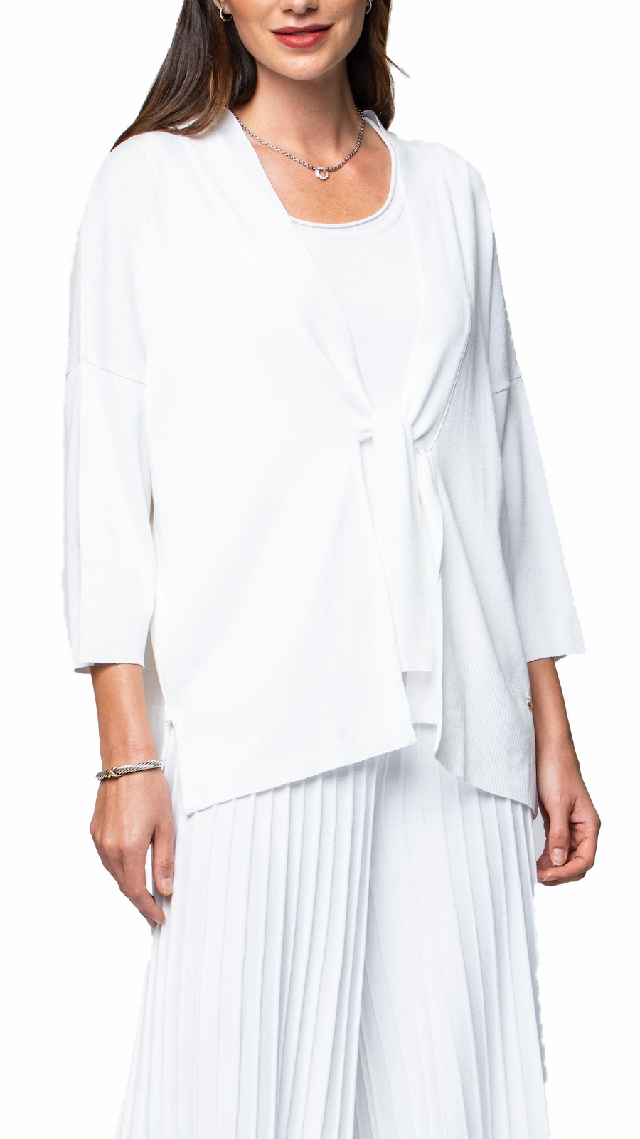 Malia Three-Quarter Sleeved Front-Tie Cardigan; White Effortless Comfort