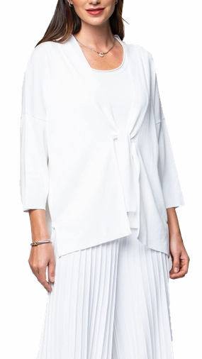 Malia Three-Quarter Sleeved Front-Tie Cardigan; White Effortless Comfort