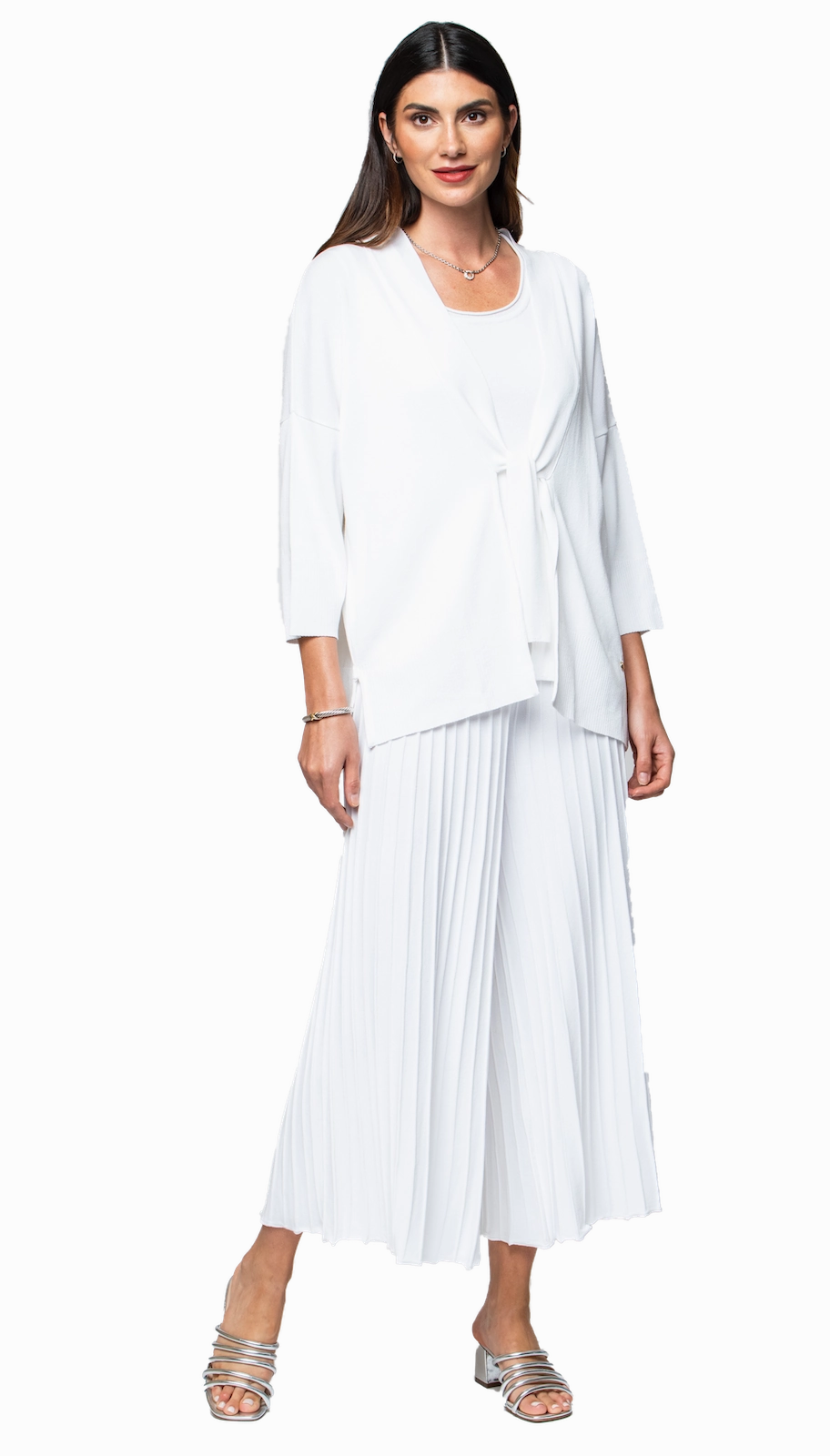 Malia Three-Quarter Sleeved Front-Tie Cardigan; White Eco Friendly Material Adaptive Fit Silhouette