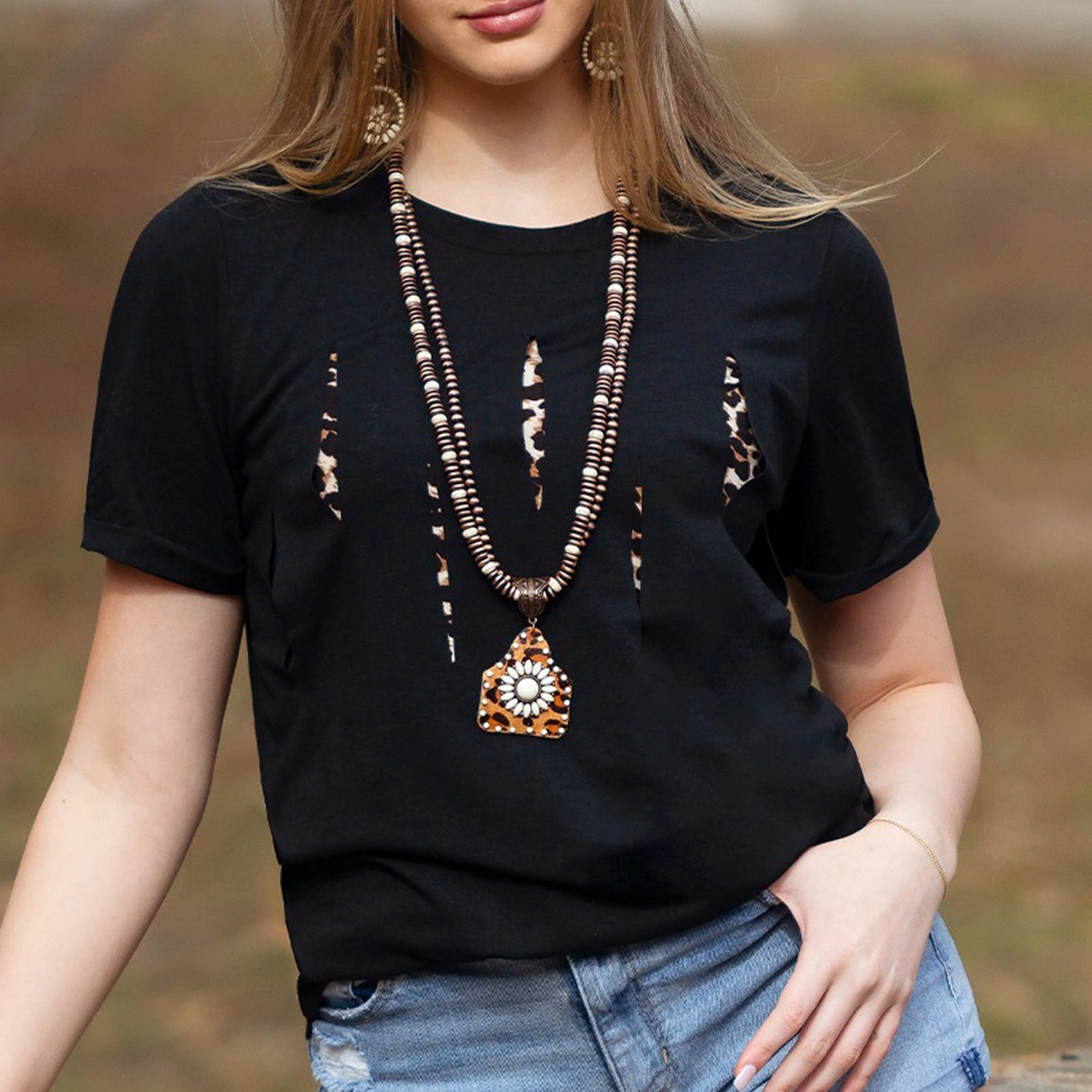 Women's Black Leopard Cut Slit Top Airflow Ventilation Zones