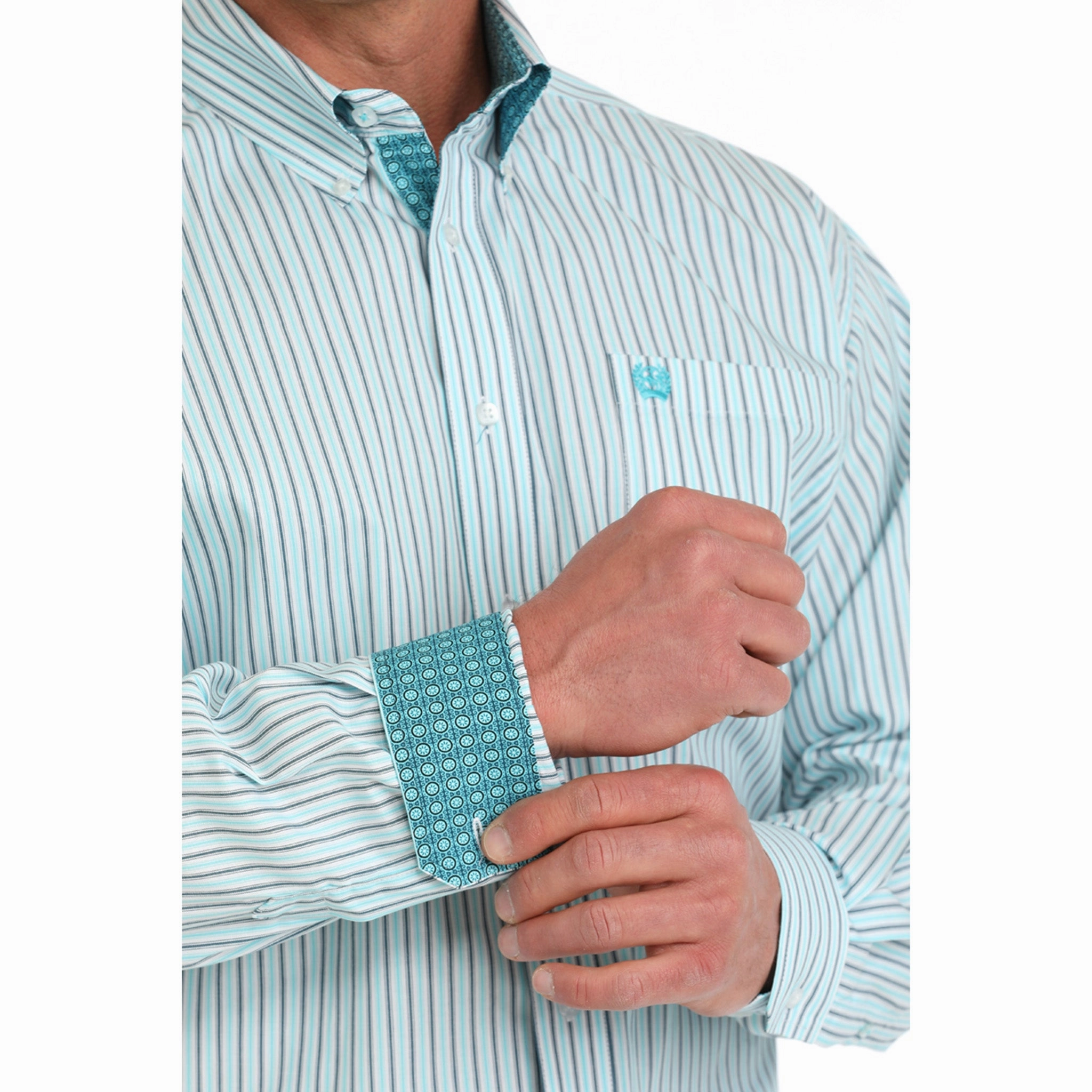 Flexible Shoulder Panels Handcrafted Detail Cinch Men's White Striped Tencel Shirt